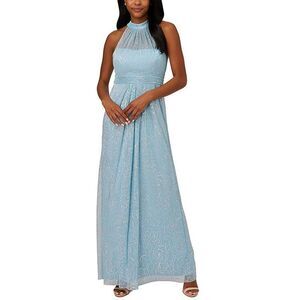 Adrianna Papell Womens Blue Metallic Stencil Halter Evening Dress Gown NWT